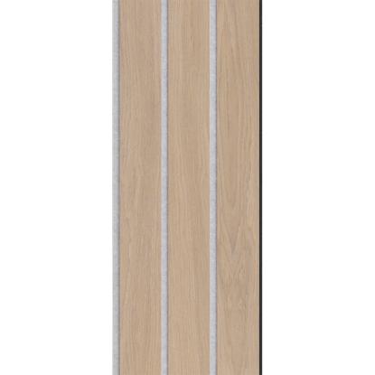 I-Wood Medio+ 3-lamel akustikpanel, ubehandlet natur, grå filt og sort kerne, egefiner, 17 x 300 mm
