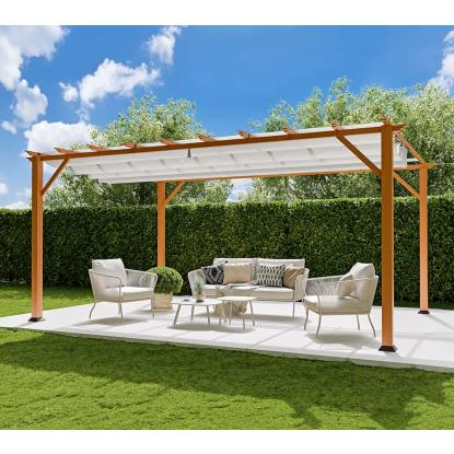 Paragon Outdoor Florenz 1116 pergola, aluminium, lyst trælook, hvidt tekstil, 236 x 505 x 350 cm