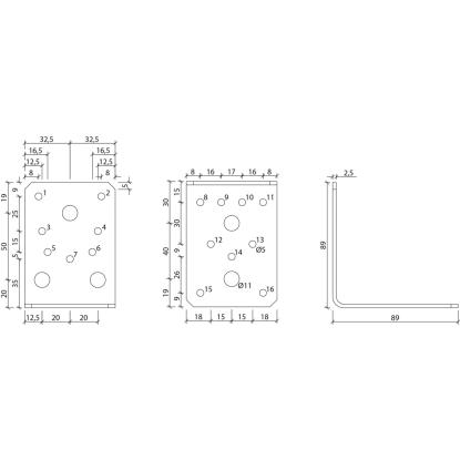 SIMA vinkelbeslag V1, pregalvaniseret, 89 x 89 x 2,5 x 65 mm