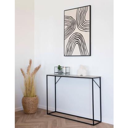Vita konsolbord med 1 hylde, travertin look, sort stel, 110 x 26 x 80 cm