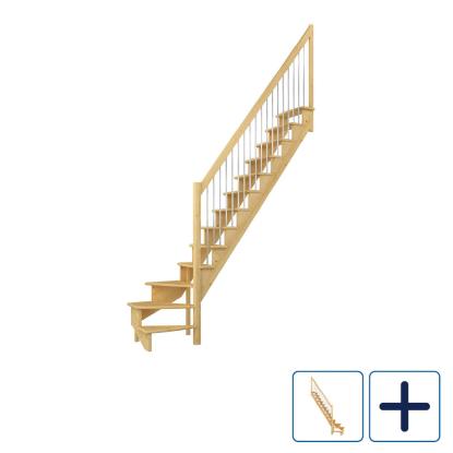 DOLLE Lyon kvartsvingstrappe, 65 cm trin og gelænder med stålbalustre, ubehandlet fyr