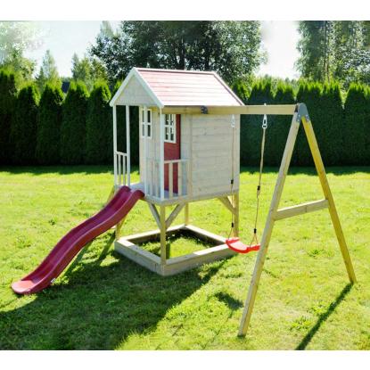 Wendi Toys Alpaca legetårn med gynge og rutsjebane, træ, rød