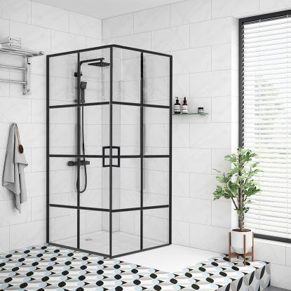 Milobad New York brusedør med 2 døre og sorte aluprofiler, 90 x 90 x 200 cm, klart glas