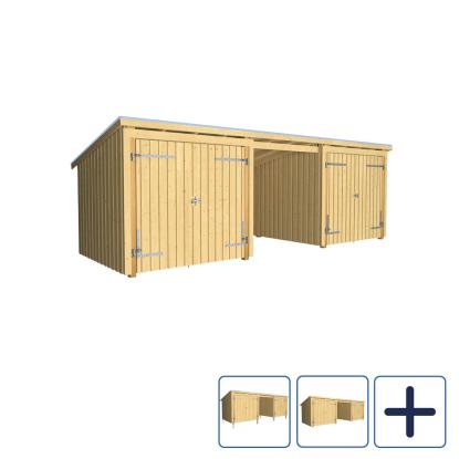 PLUS Nordic havehus i 3 moduler med 2 dobbeltdøre og åben front, natur/nåletræ, 14 m²