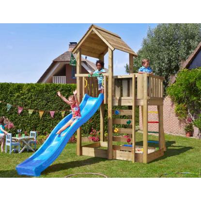 Jungle Gym Mansion 2.1 legetårn med blå rutsjebane og 120 kg sand