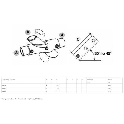 Clarrods Clamps CL130 2-vejs justerbart kryds, 30-45°
