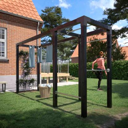 PLUS Daylife stativ med espalier, tørresnor og fitness, model 2, sort/fyr, 369 x 108 x 208 cm