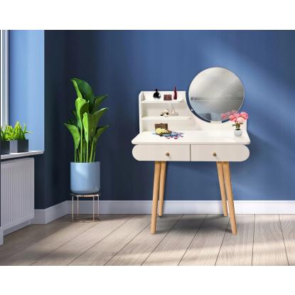 Makeupbord med rundt spejl, hvid, 80 x 40 x 122 cm