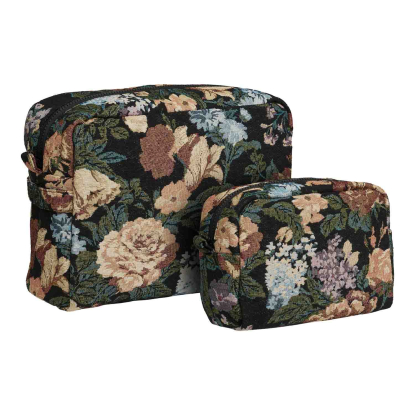 Zoe toilettaske, sort blomstret - 2 stk.
