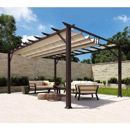 Paragon Outdoor Florenz 1116 pergola, aluminium, mørkt trælook, lys brunt tekstil, 236 x 505 x 350 cm