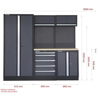 Feistos Apollo 19 værkstedsmodul, stål/træplade, antracitgrå/sort, 200 x 568 x 46 cm