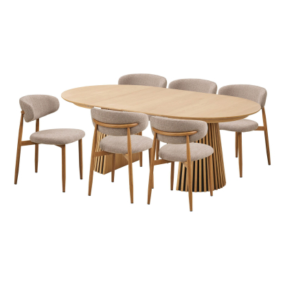 Osaka og Levanto spisebordssæt med 6 stole, egefiner, sand, Ø120 x 120-200 cm