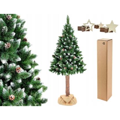 Kunstigt juletræ med sne og fyrrekogler og træstamme, 220 cm