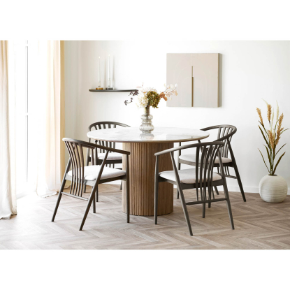 Athens og Agustin spisebordssæt med 4 stole, hvid/brun/røget eg, Ø120 cm