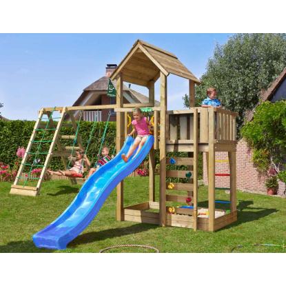 Jungle Gym Mansion 2.1 legetårn med 2-Climb Module 220 og blå rutsjebane