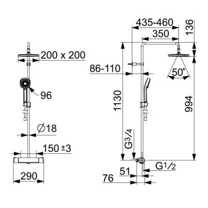 Oras Nova Style Rain brusesystem med termostat, håndbruser og 200 x 200 mm hovedbruser, krom