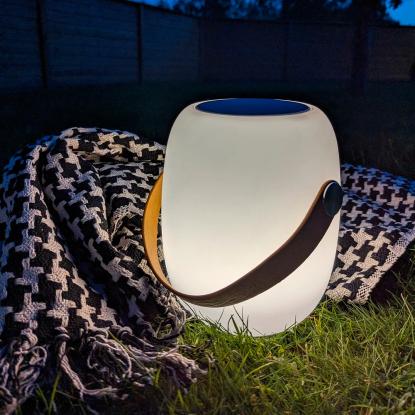 Lampe med læder strop, genopladelig, bluetooth højtaler, hvid