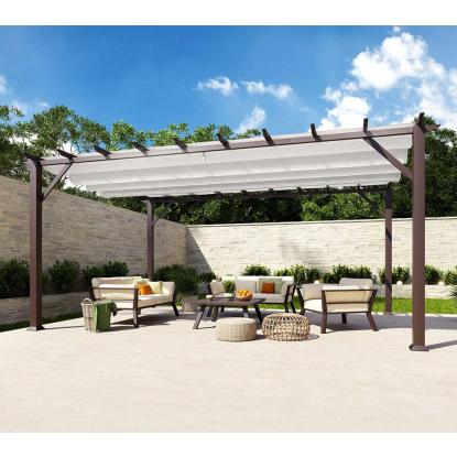 Paragon Outdoor Florenz 1116 pergola, aluminium, mørkt trælook, hvidt tekstil, 236 x 505 x 350 cm