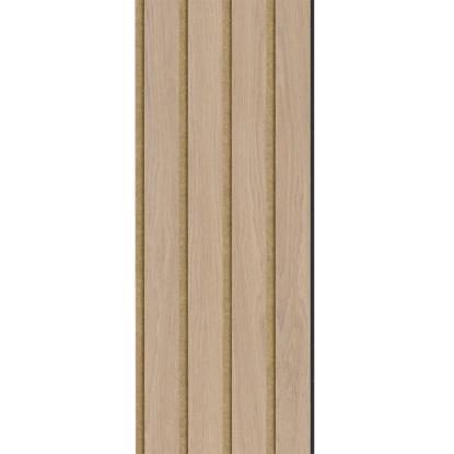 I-Wood Medio+ 4-lamel akustikpanel, ubehandlet natur, brun filt og sort kerne, egefiner, 17 x 300 mm
