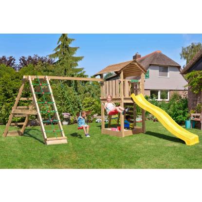Jungle Gym Cottage 2.1 legetårn med 2-Climb modul 220 og gul rutsjebane