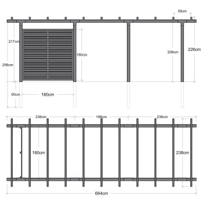 PLUS pergola dobbelt i 3 moduler med Tokyo hegn, sort/fyr - 664 x 238 x 218 cm