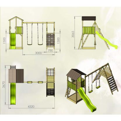 Wendi Toys Dino Adventure Tower klatretårn med gynge, rutsjebane og sandkasse, træ, grøn