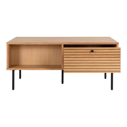 Sofabord, egefiner, sorte metalben, 2 skuffer, 50x100x45 cm