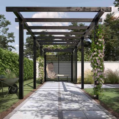 PLUS pergola dobbelt i 3 moduler med Tokyo hegn, sort/fyr - 664 x 238 x 218 cm