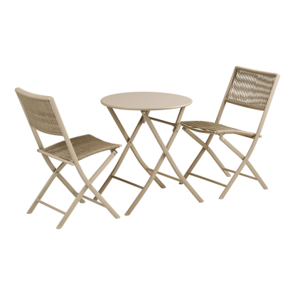 Arcas cafésæt med to stole og et bord, stål/reb, taupe