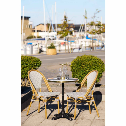 Cafébord med bordplade i marmor look og guldkant, støbejern, hvid/sort, Ø60 x 73 cm