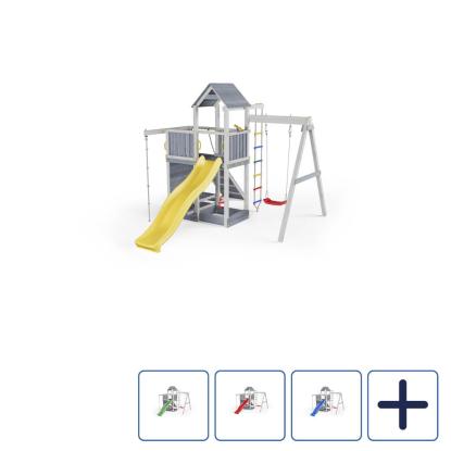 Fungoo Activer legetårn med klatrevægge, rebstige, gynge og rutsjebane, grå/hvid