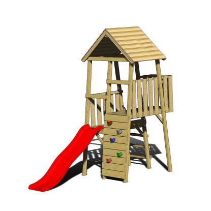 Wendi Toys Rabbit legetårn med klatrevæg og rutsjebane, træ, rød