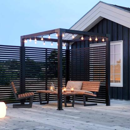PLUS Daylife pergola med Tokyo hegn og tørresnor, model 5, sort/fyr, 198 x 198 x 208 cm