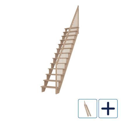 DOLLE Lyon ligeløbstrappe, 65 cm trin og gelænder med træbalustre, lakeret eg