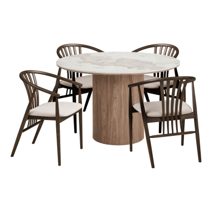 Athens og Agustin spisebordssæt med 4 stole, hvid/brun/røget eg, Ø120 cm