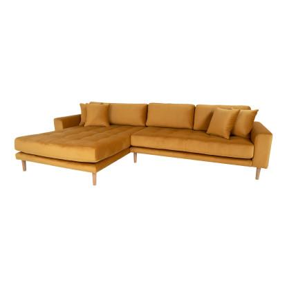 Sofa venstrevendt i sennepsgul velour med fire puder