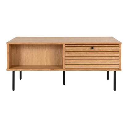 Sofabord, egefiner, sorte metalben, 2 skuffer, 50x100x45 cm