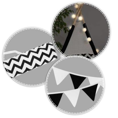 Tipi telt med puder og lamper, panda, sort/hvid