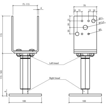 SIMA stolpebærer type VHB2, varmforzinket, 75-115 x 70 x 115 + 115-165 mm