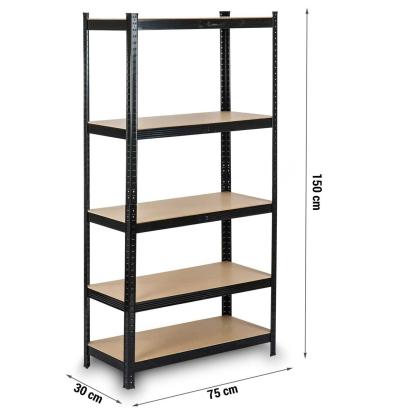 Reol med 5 hylder, metal, sort, 150 x 75 x 30 cm