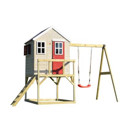 Wendi Toys Zebra legehus med trappe og gynge, træ, rød, 242 x 350 x 192 cm