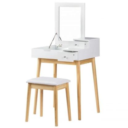 Makeupbord med klapspejl, skuffer og skammel, hvid, træ, 60 x 50 x 76 cm