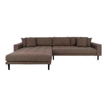 Lounge sofa, venstrevendt i brun med fire puder
