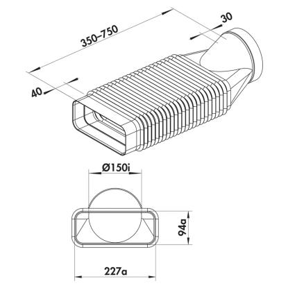 JG Nordic aftrækskanal rund til flad, flexsystem, Ø150/89 x 222 mm
