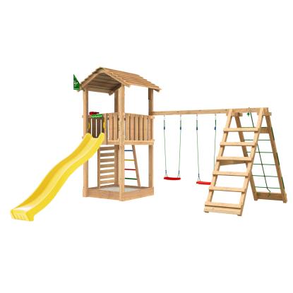 Jungle Gym Cottage 2.1 legetårn med 2-Climb modul 220 og gul rutsjebane