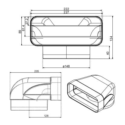 JG Nordic bøjning med flad til rund adapter, 90°, lav, 89 x 222/Ø150 mm