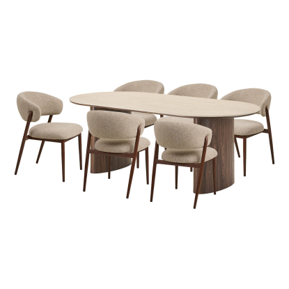 Delphi og Cavi spisebordssæt med 6 stole, travertin/mørkebrun/sand, 100 x 210 cm