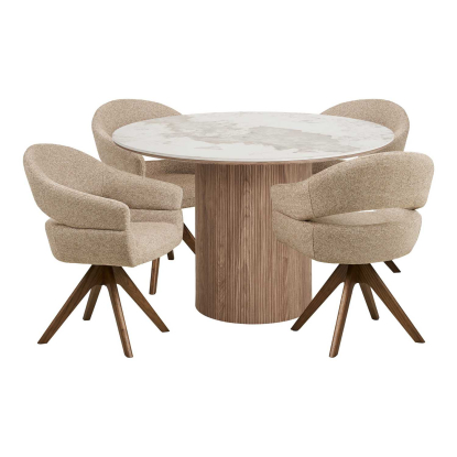 Athens og Dover spisebordssæt med 4 stole, hvid/brun, Ø120 cm