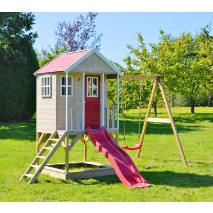 Wendi Toys Alpaca legetårn med gynge og rutsjebane, træ, rød