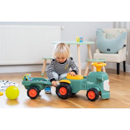 FALK Maurice gå-traktor med rat, horn og trailer, grøn